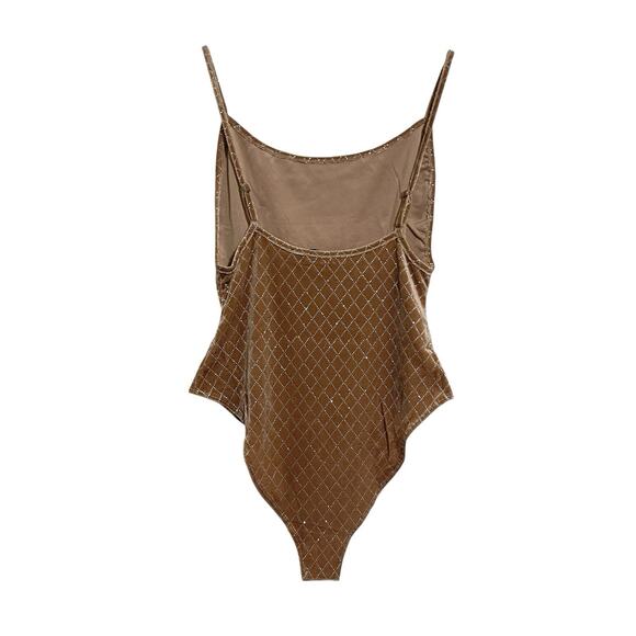 Velvet Diamond Check Print Bodysuit Size L Light Brown Metallic Cheeky Party NEW - Picture 4 of 12
